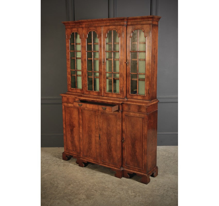 Queen Anne Style Walnut Breakfront Bookcase
