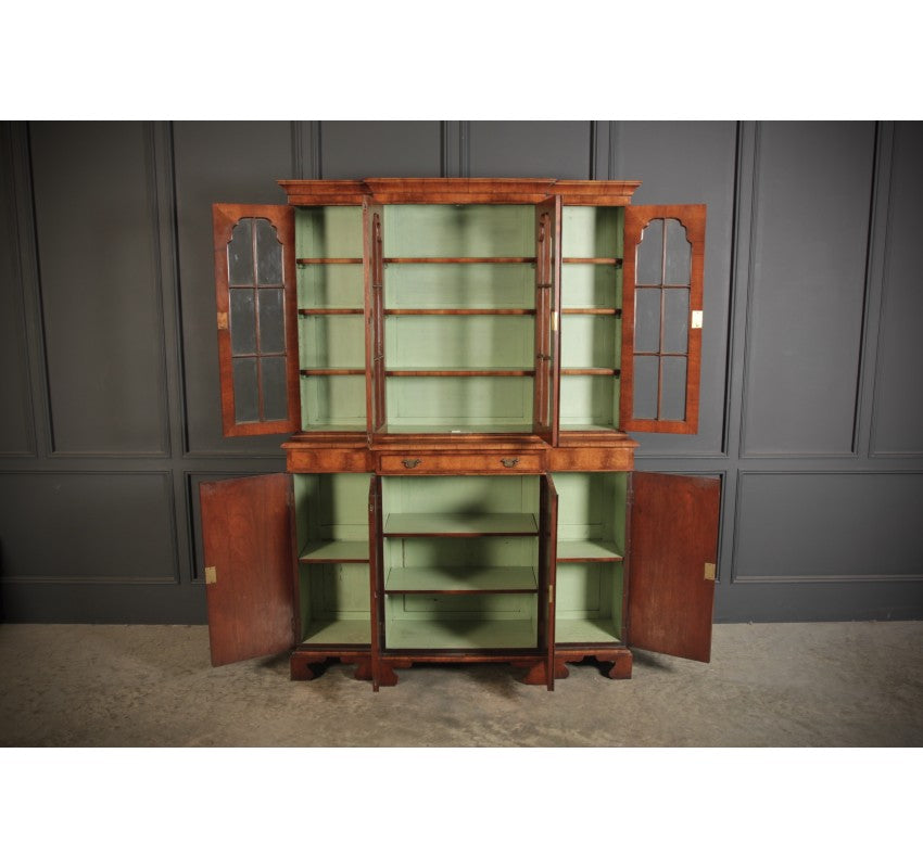 Queen Anne Style Walnut Breakfront Bookcase