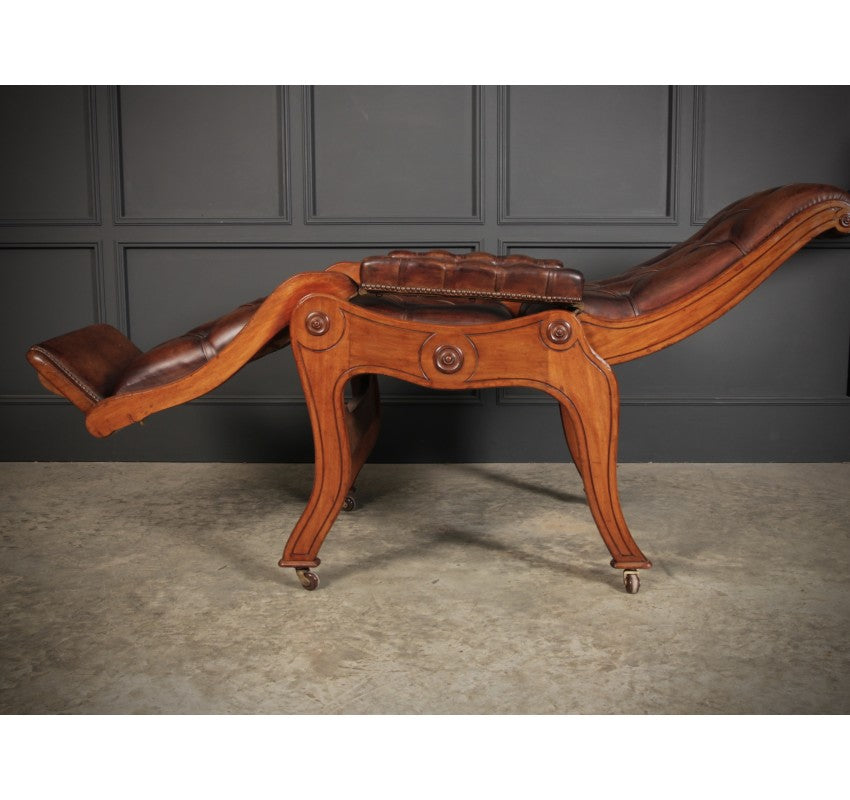Rare Mahogany & Buttoned Brown Leather Reclining Chair