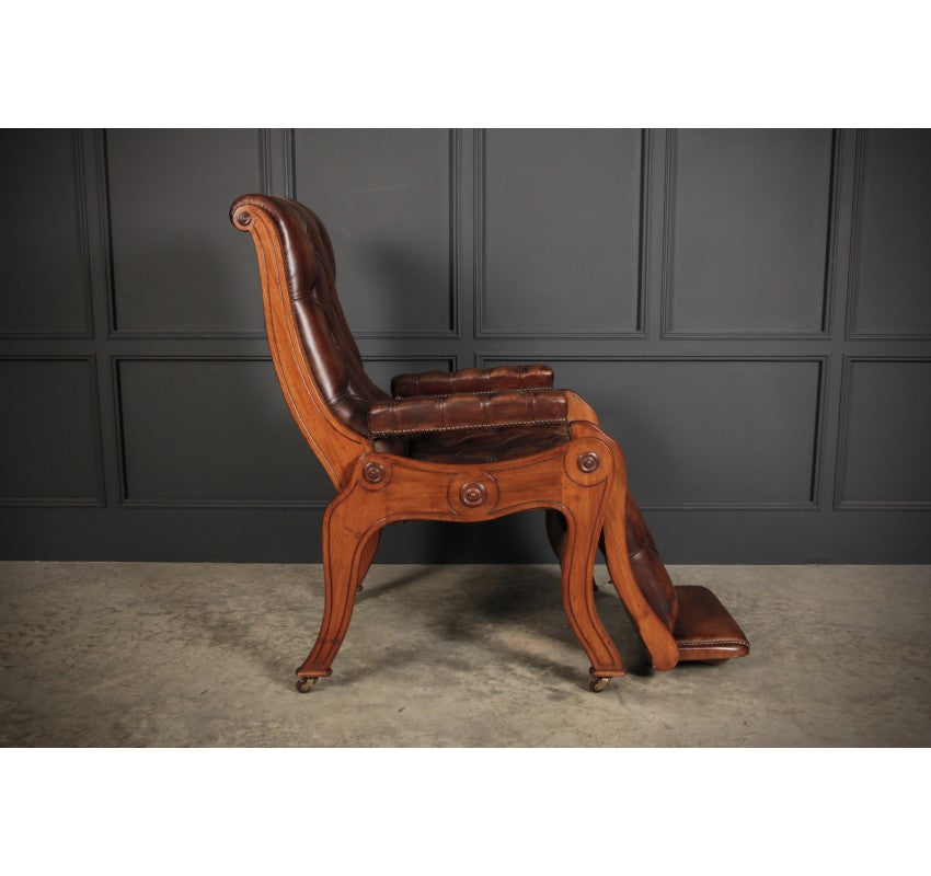 Rare Mahogany & Buttoned Brown Leather Reclining Chair