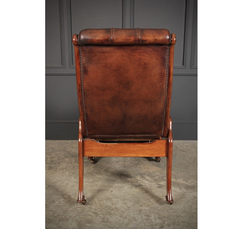 Rare Mahogany & Buttoned Brown Leather Reclining Chair
