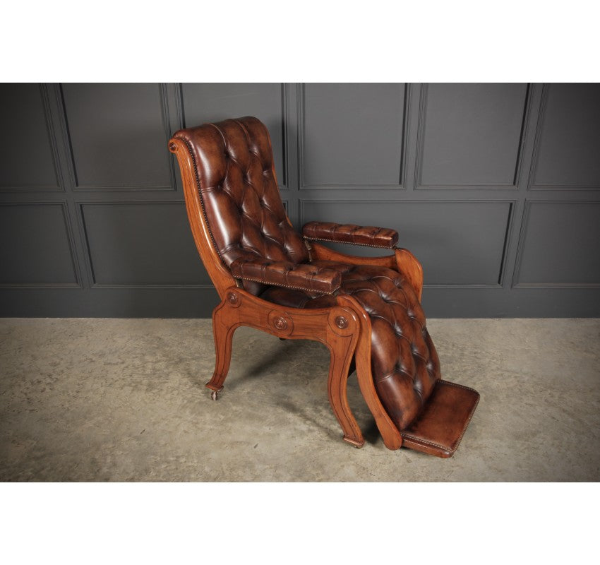 Rare Mahogany & Buttoned Brown Leather Reclining Chair