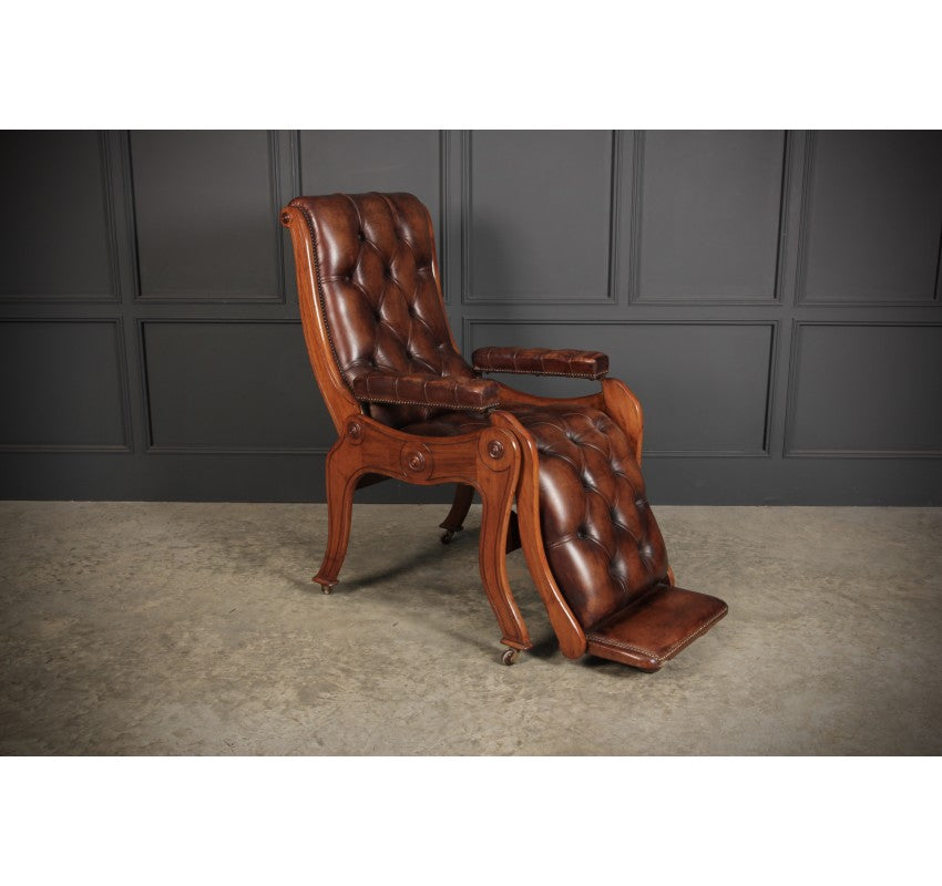 Rare Mahogany & Buttoned Brown Leather Reclining Chair