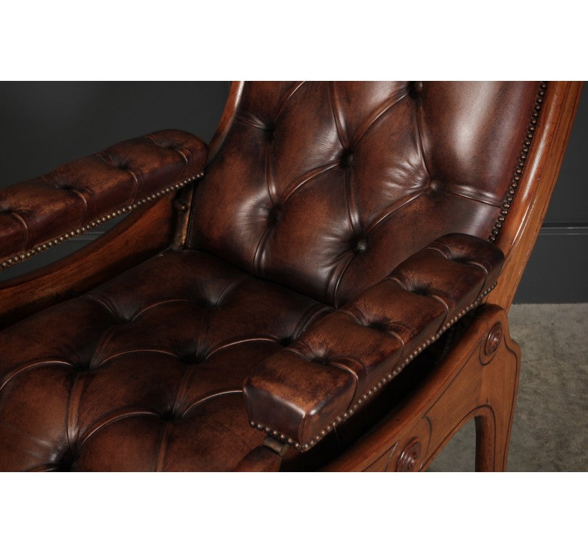 Rare Mahogany & Buttoned Brown Leather Reclining Chair