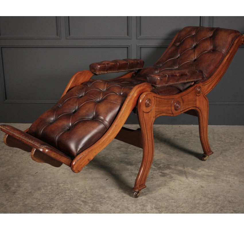 Rare Mahogany & Buttoned Brown Leather Reclining Chair
