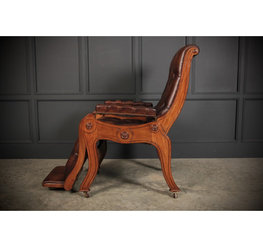 Rare Mahogany & Buttoned Brown Leather Reclining Chair