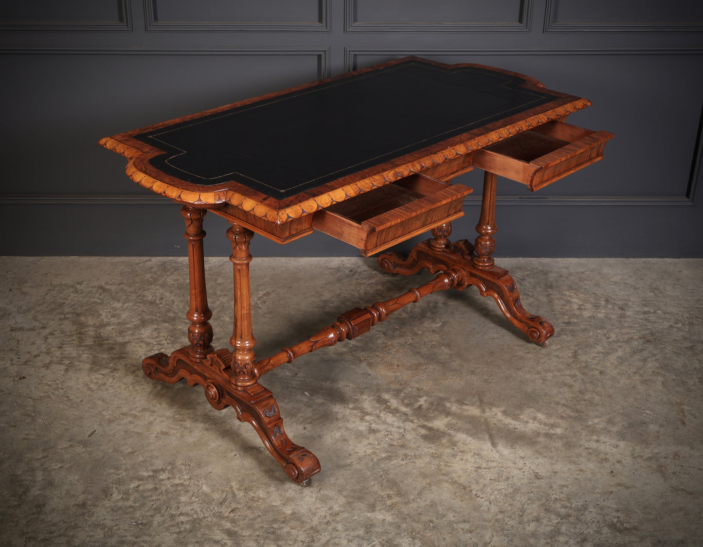 Shaped Carved Walnut Library Table