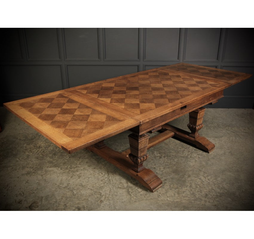 Solid Oak Parquetry Top Extending Dining Table