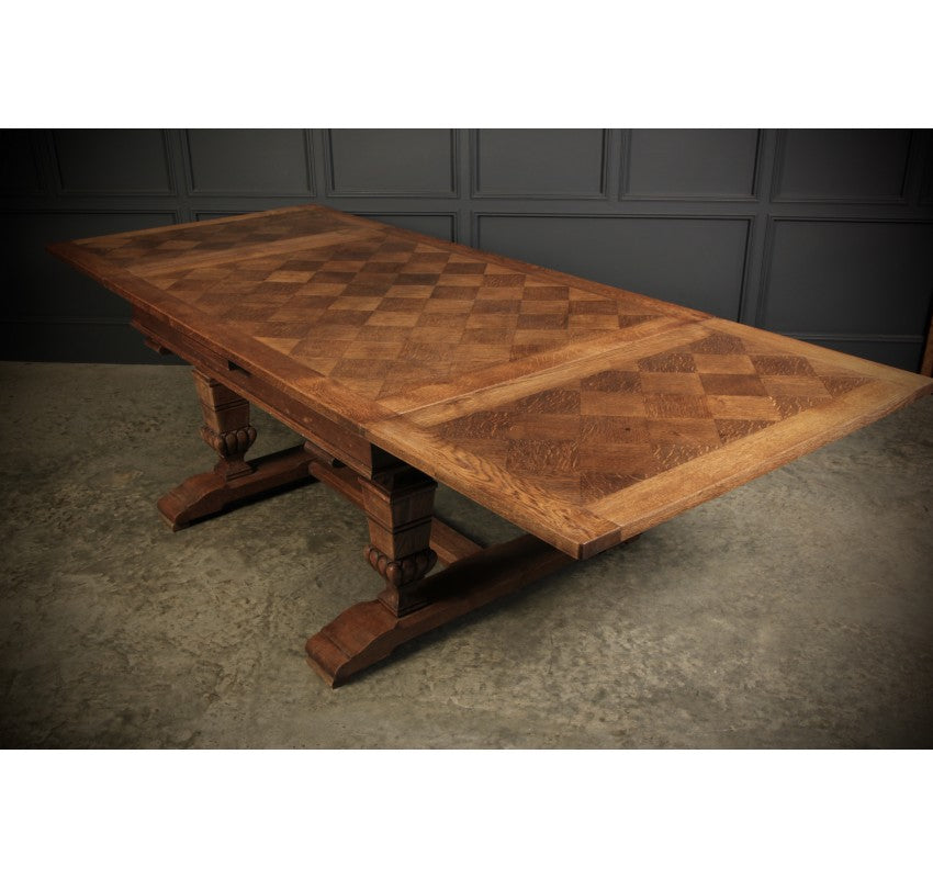 Solid Oak Parquetry Top Extending Dining Table