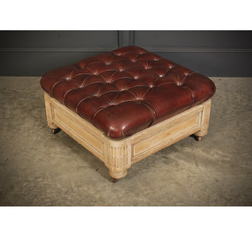 Victorian Light Oak & Buttoned Leather Footstool