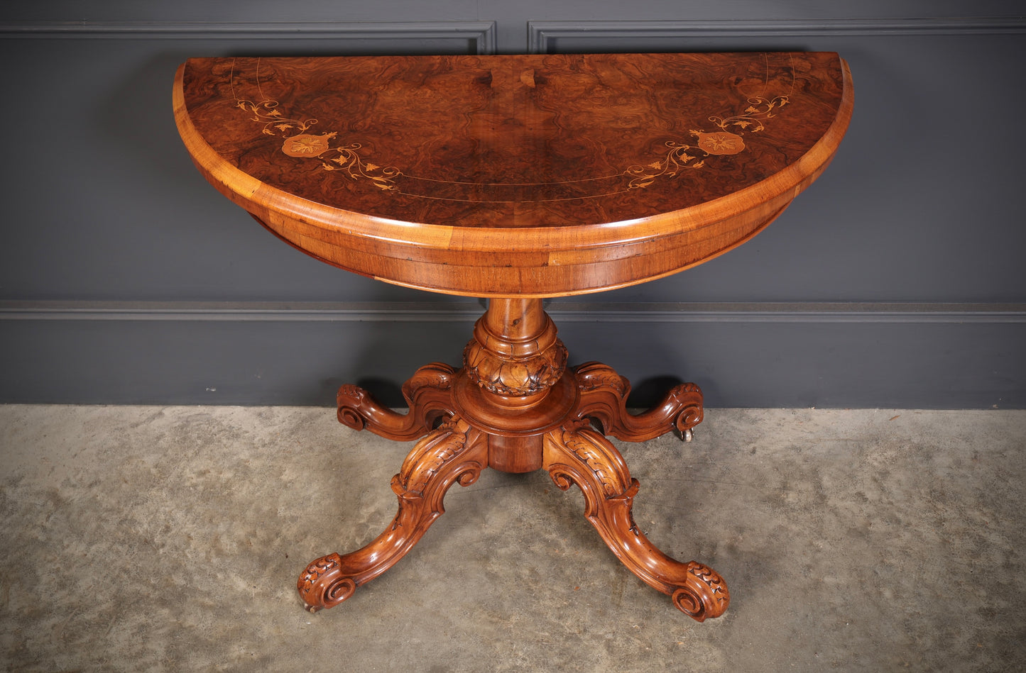 Victorian Marquetry Inlaid Burr Walnut Card Table