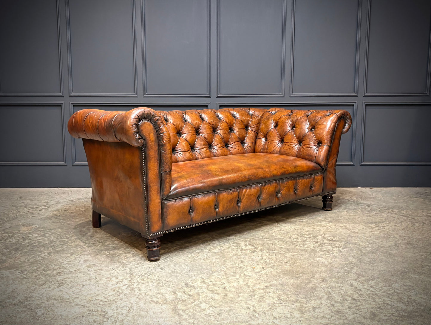 Victorian Buttoned Leather Drop-Arm Chesterfield Sofa