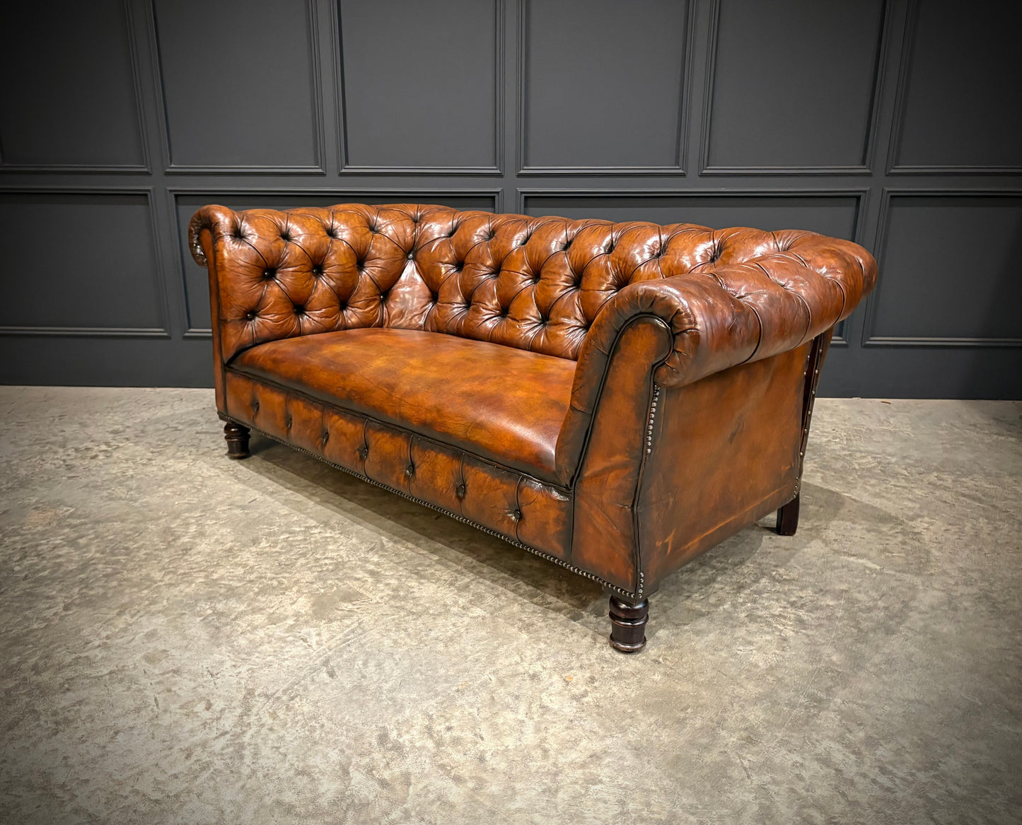 Victorian Buttoned Leather Drop-Arm Chesterfield Sofa