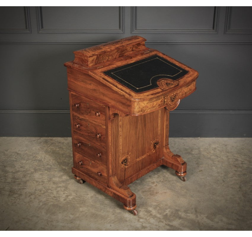 Victorian Walnut Marquetry Inlaid Davenport Desk