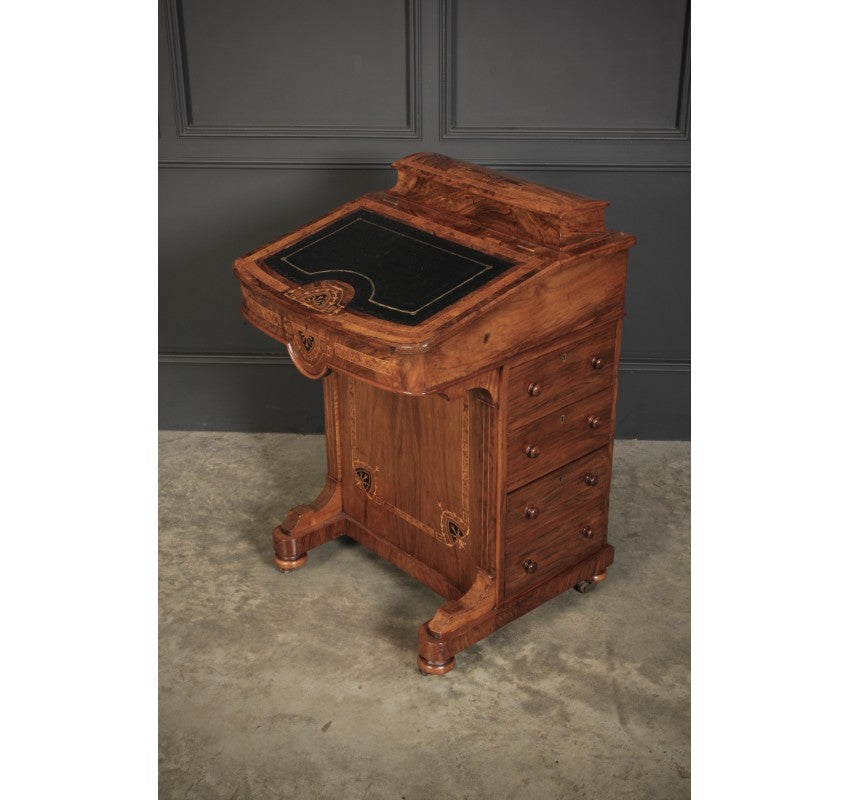 Victorian Walnut Marquetry Inlaid Davenport Desk
