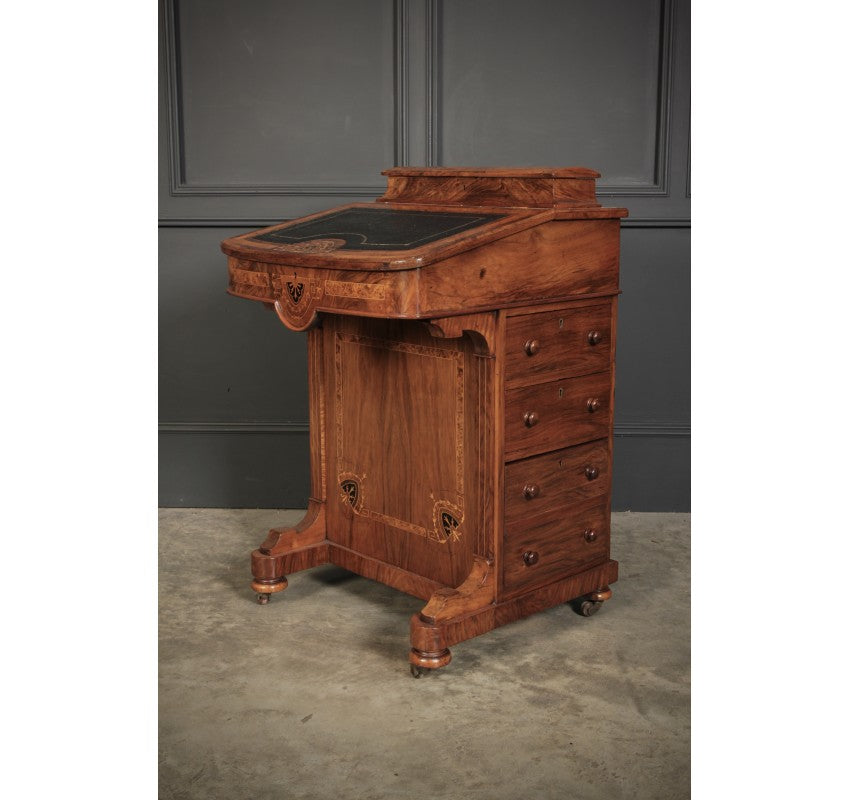 Victorian Walnut Marquetry Inlaid Davenport Desk