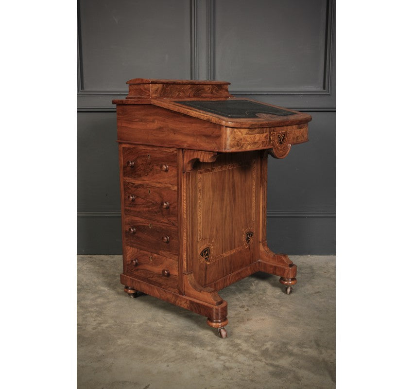 Victorian Walnut Marquetry Inlaid Davenport Desk