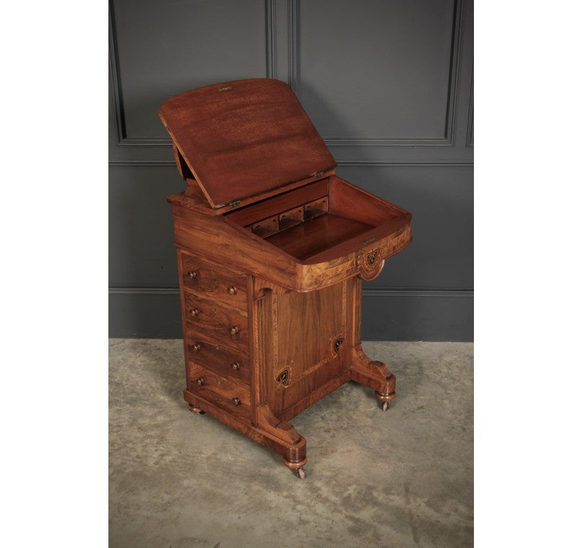 Victorian Walnut Marquetry Inlaid Davenport Desk