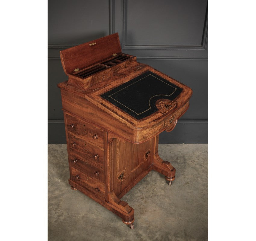 Victorian Walnut Marquetry Inlaid Davenport Desk