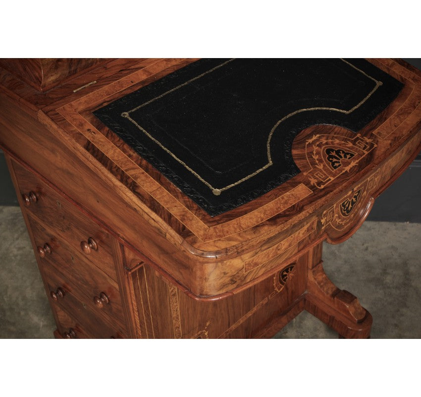 Victorian Walnut Marquetry Inlaid Davenport Desk