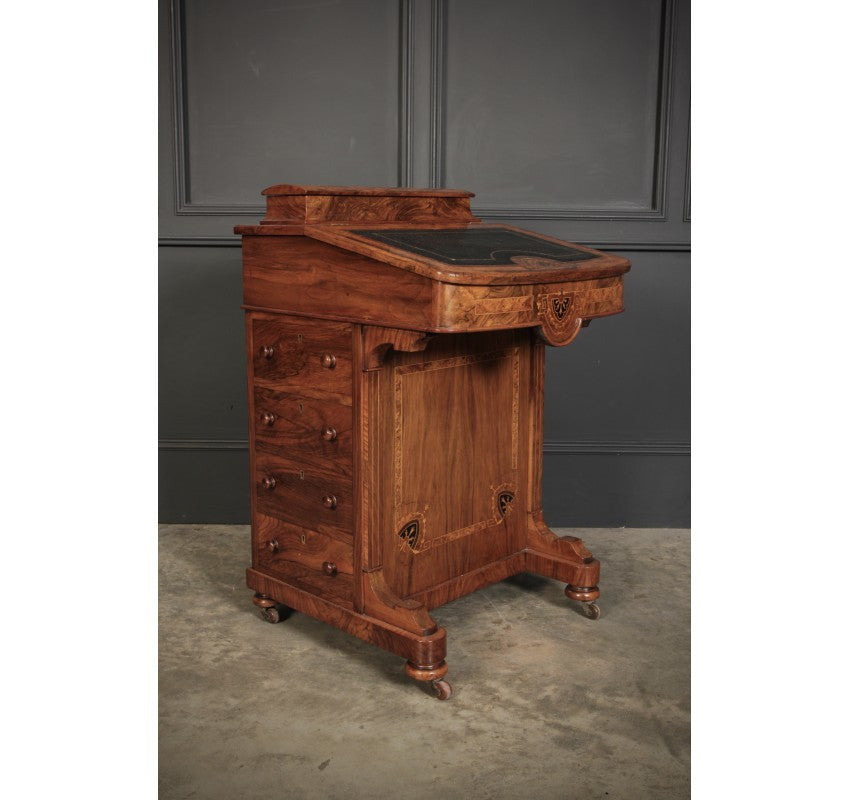 Victorian Walnut Marquetry Inlaid Davenport Desk