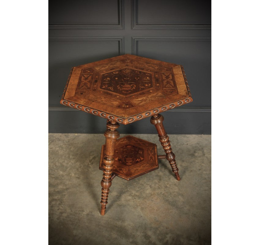 Walnut Marquetry Inlaid Hexagonal Occasional Table