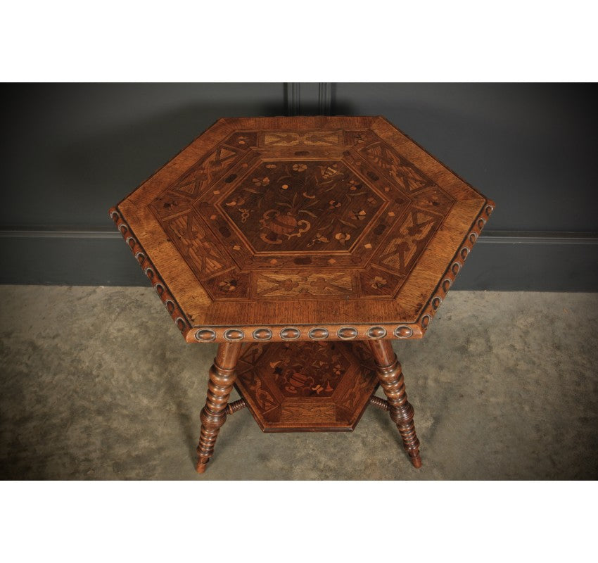 Walnut Marquetry Inlaid Hexagonal Occasional Table
