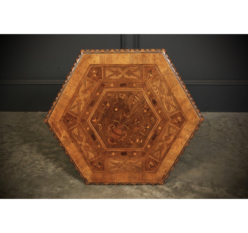 Walnut Marquetry Inlaid Hexagonal Occasional Table