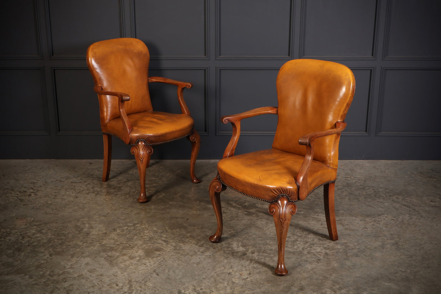 Pair of Queen Anne Style Walnut & Leather Armchairs