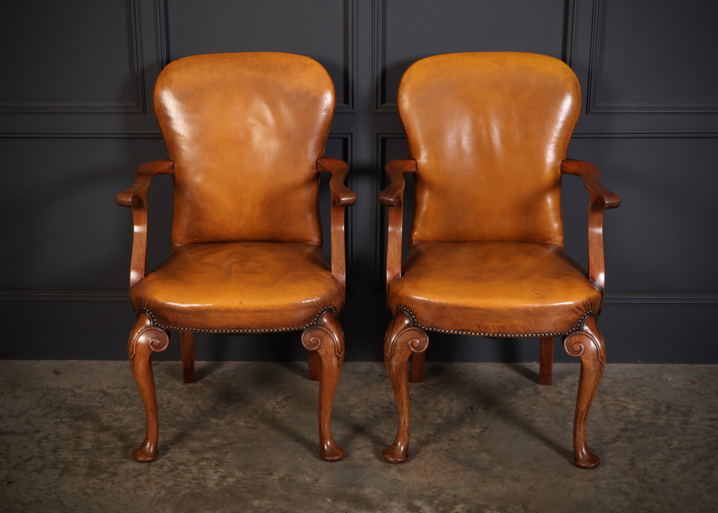 Pair of Queen Anne Style Walnut & Leather Armchairs