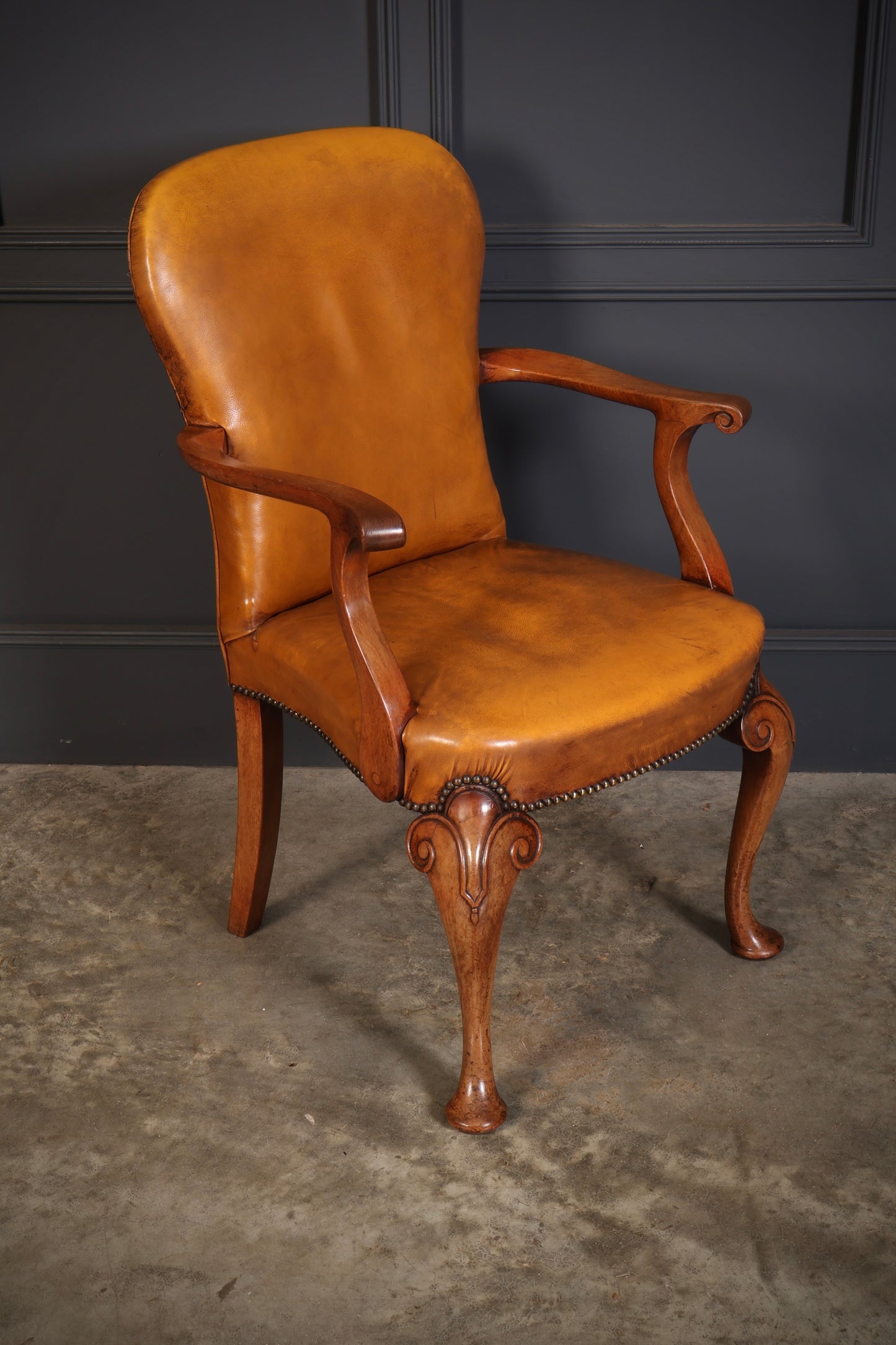 Pair of Queen Anne Style Walnut & Leather Armchairs
