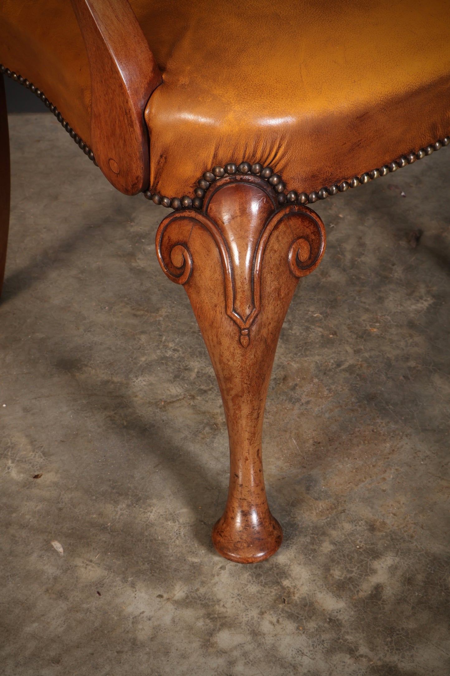 Pair of Queen Anne Style Walnut & Leather Armchairs