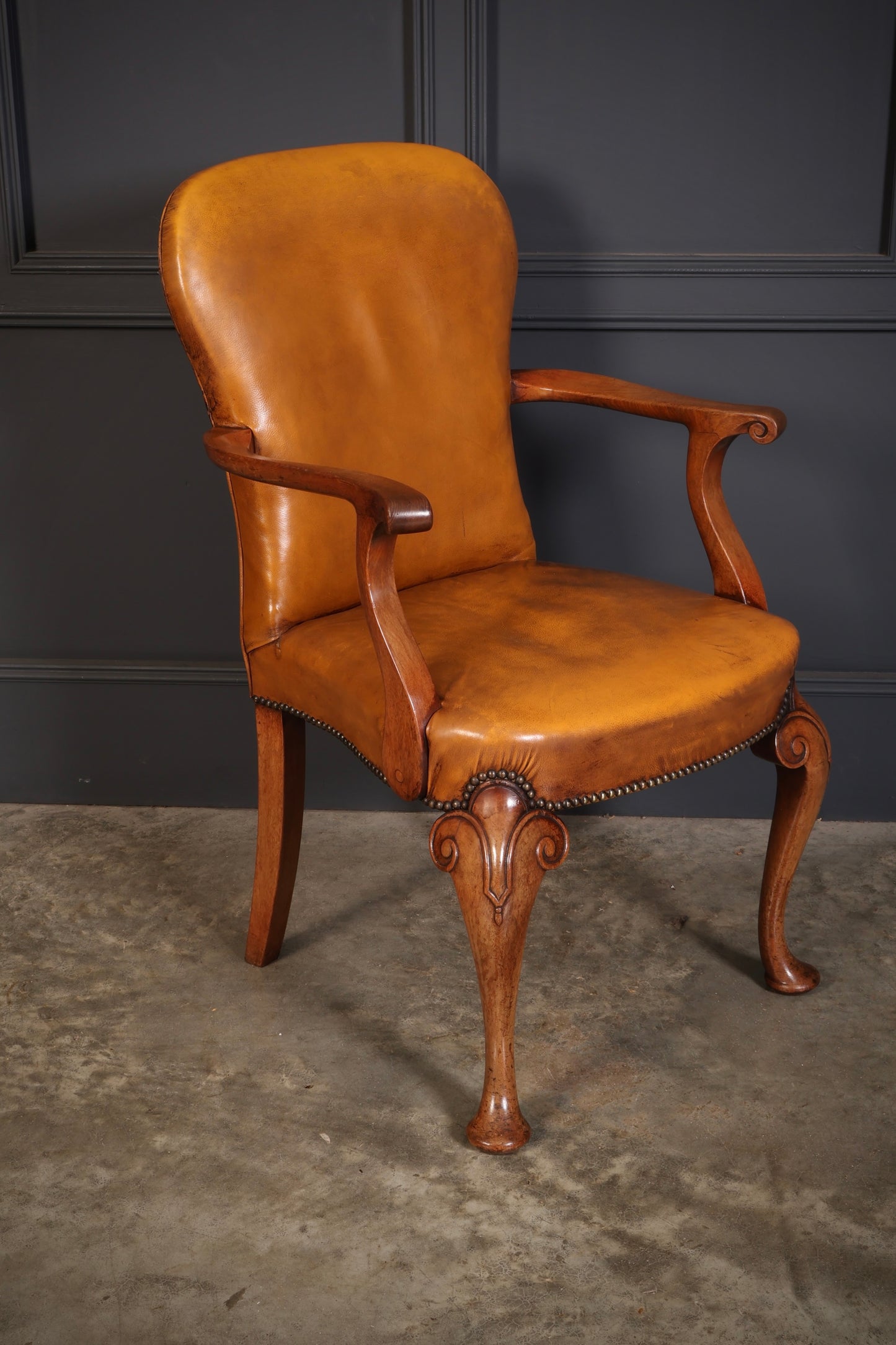 Pair of Queen Anne Style Walnut & Leather Armchairs