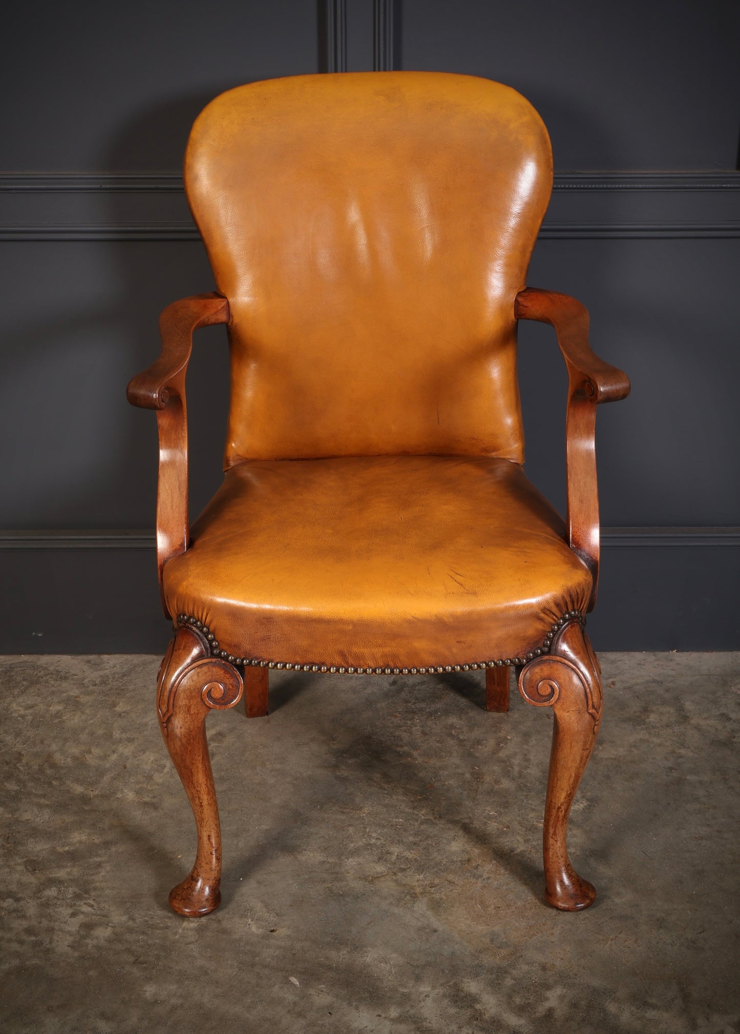 Pair of Queen Anne Style Walnut & Leather Armchairs