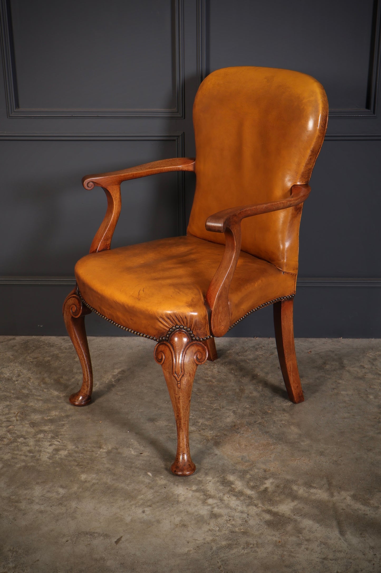 Pair of Queen Anne Style Walnut & Leather Armchairs