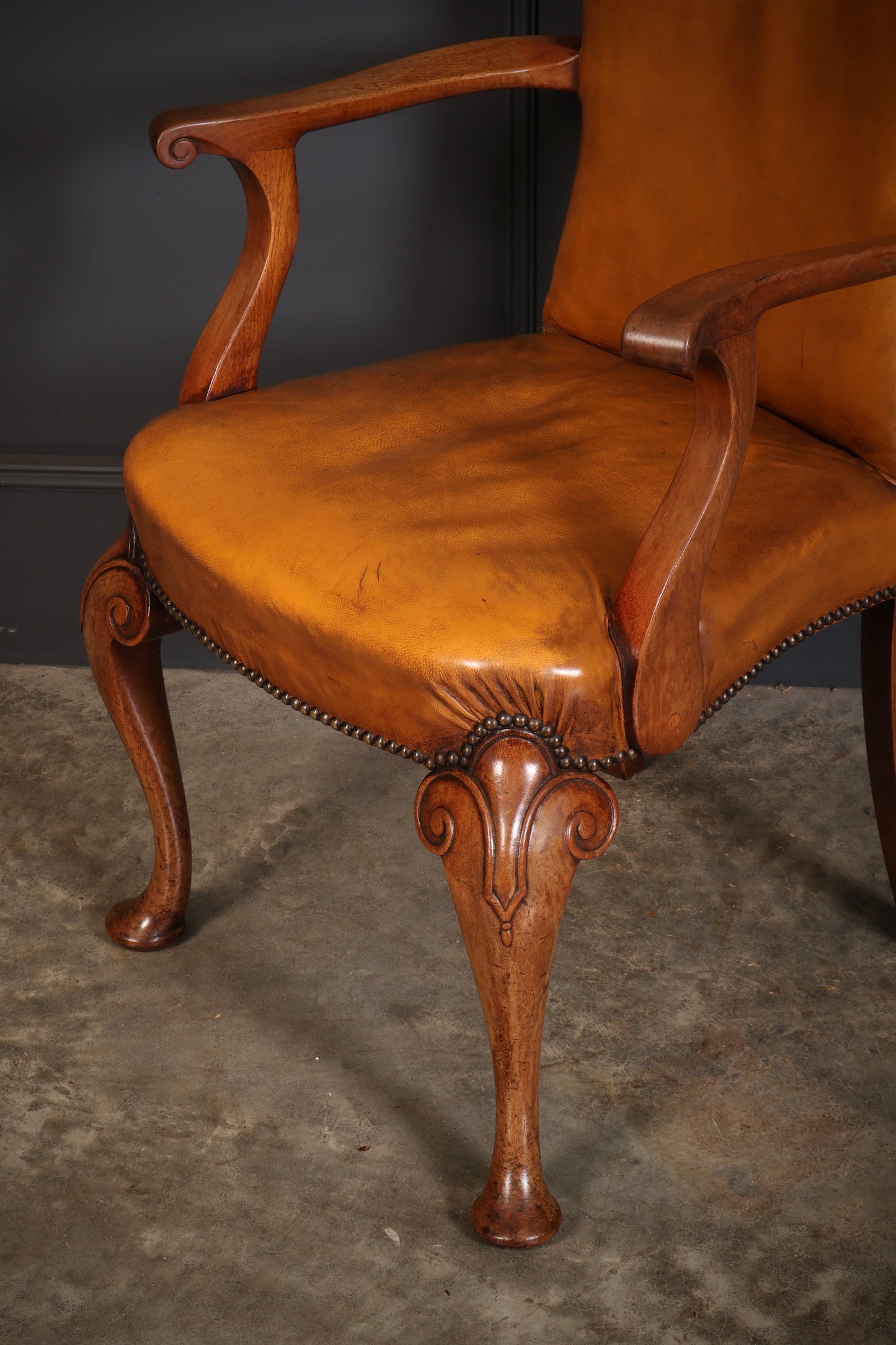 Pair of Queen Anne Style Walnut & Leather Armchairs