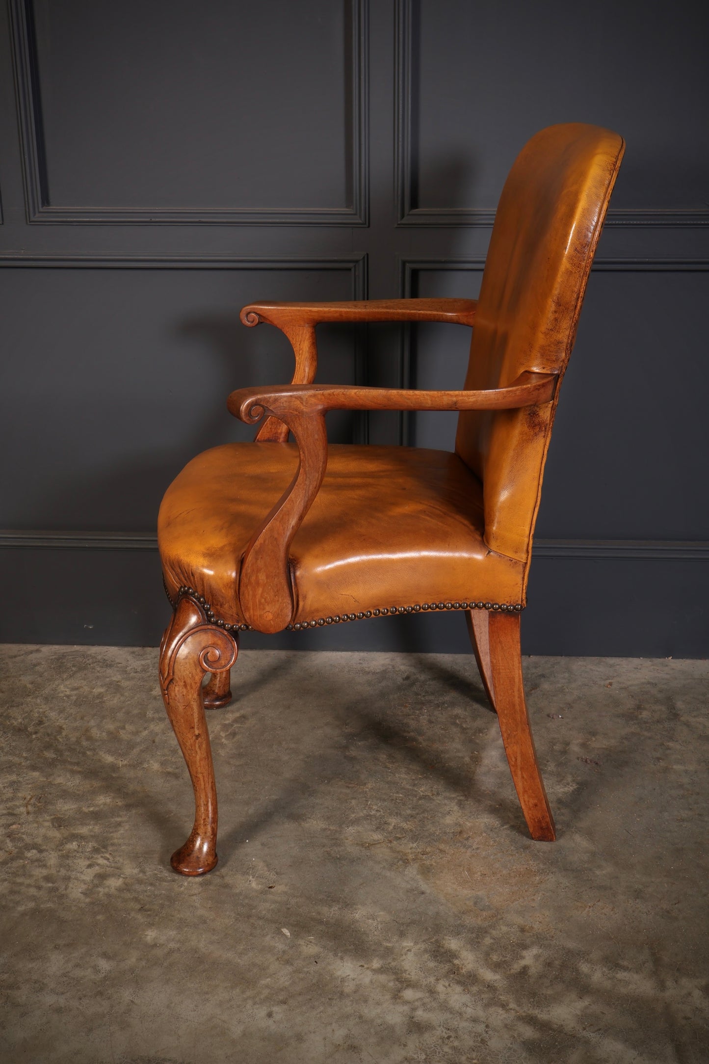 Pair of Queen Anne Style Walnut & Leather Armchairs