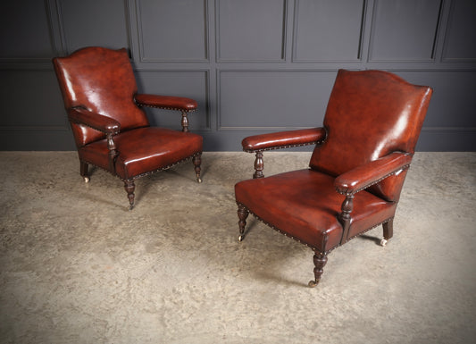 19th Century Pair of Leather Library Armchairs