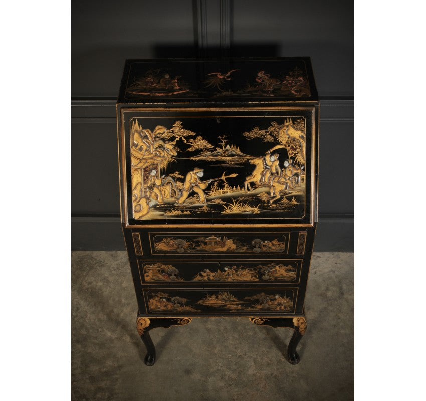 Black Japanned Chinoiserie Slim Bureau