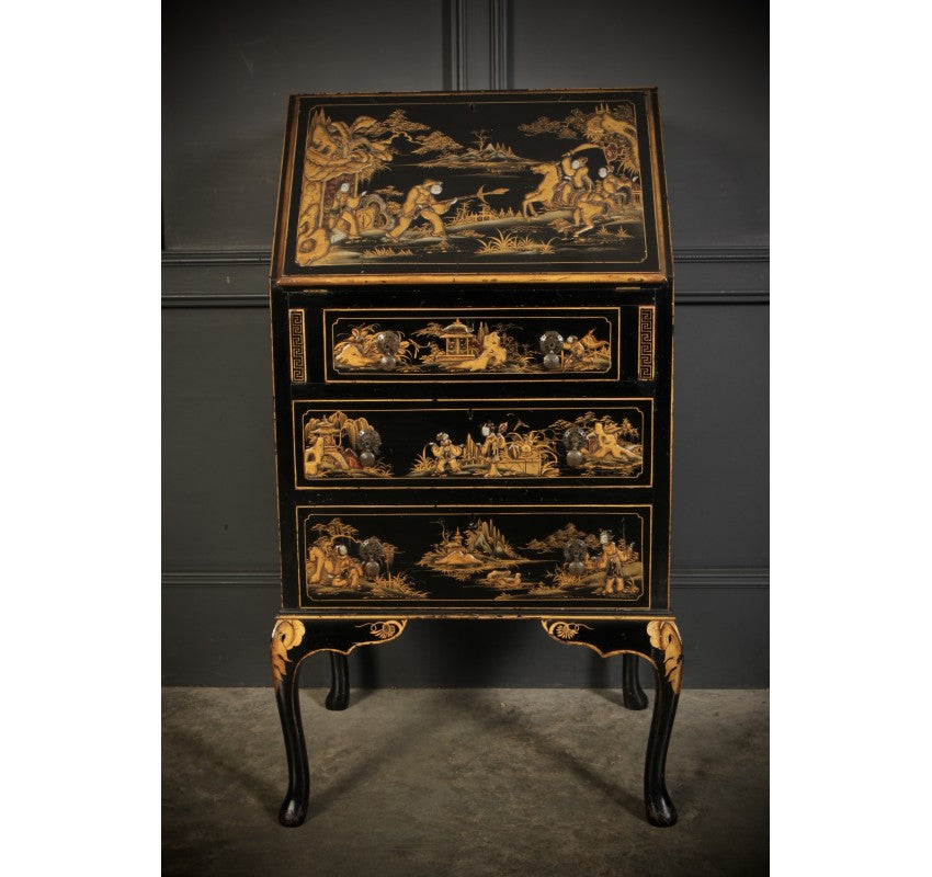 Black Japanned Chinoiserie Slim Bureau