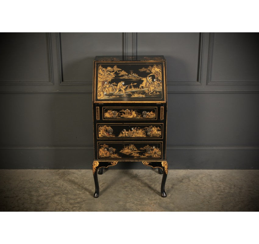 Black Japanned Chinoiserie Slim Bureau