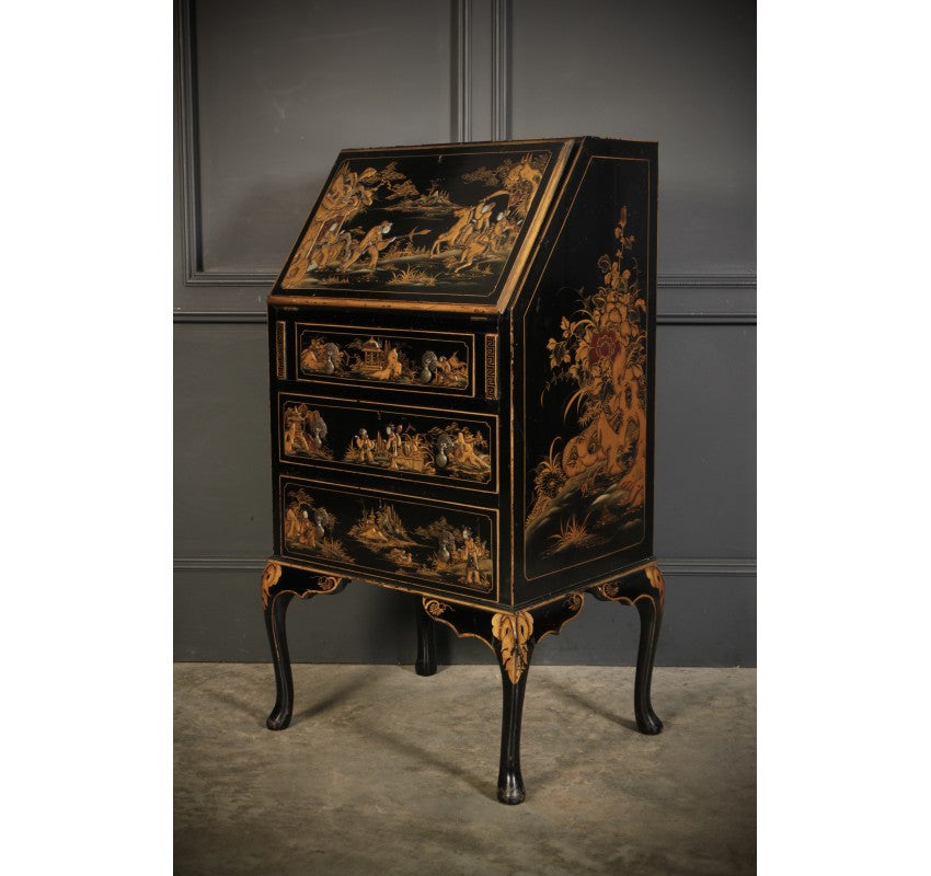 Black Japanned Chinoiserie Slim Bureau