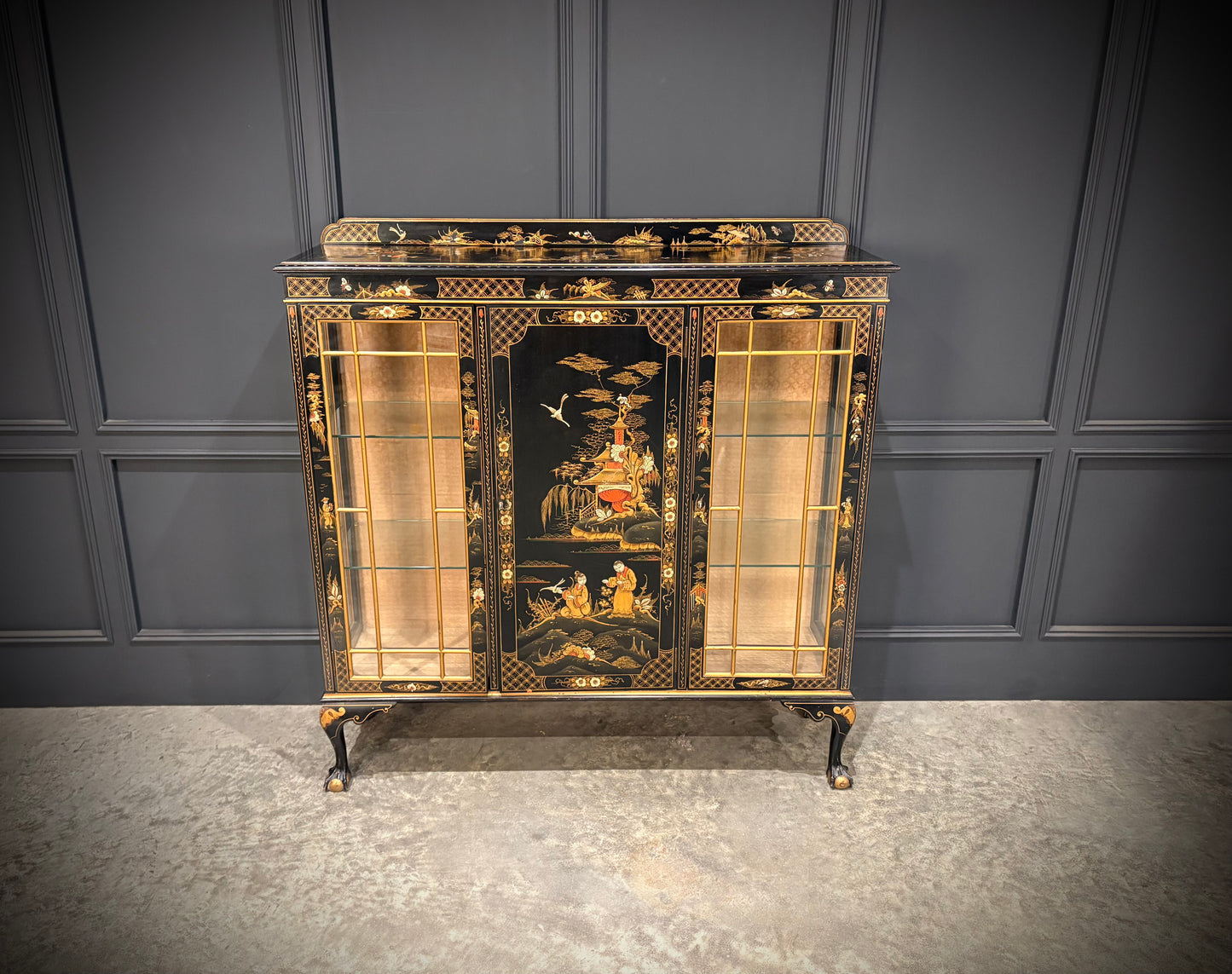 Black Lacquered Chinoiserie Display Cabinet