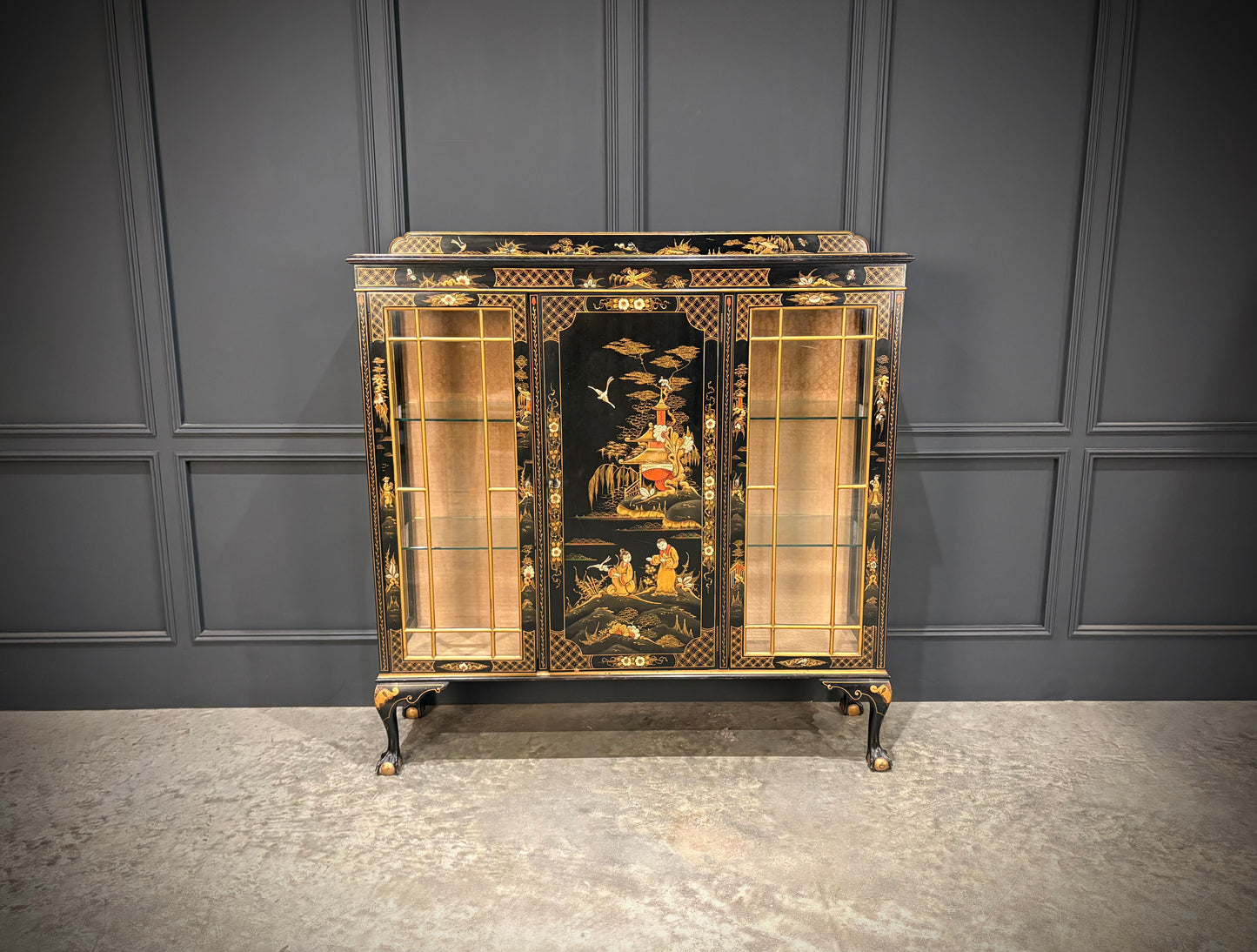 Black Lacquered Chinoiserie Display Cabinet