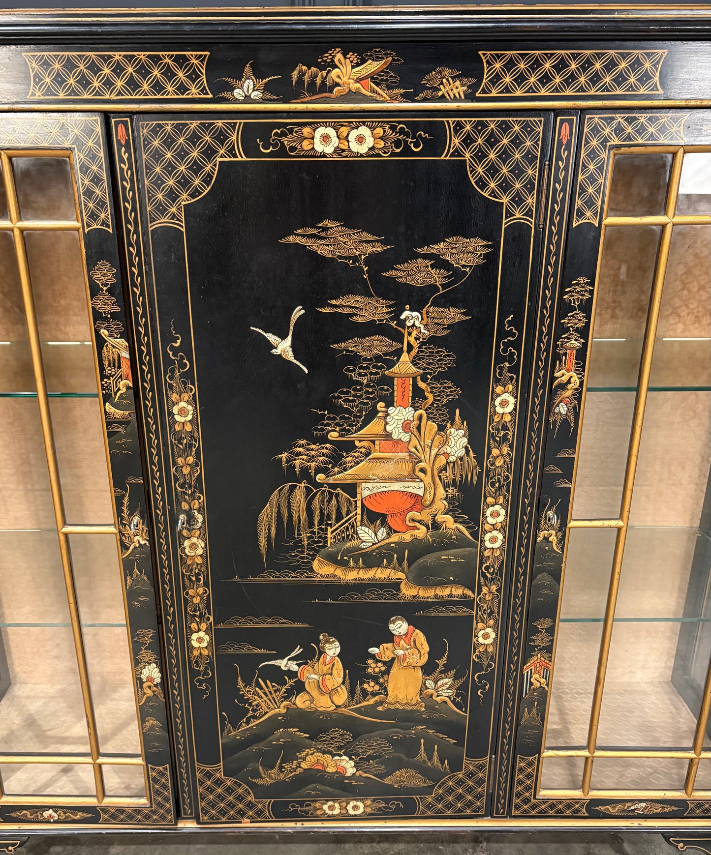 Black Lacquered Chinoiserie Display Cabinet