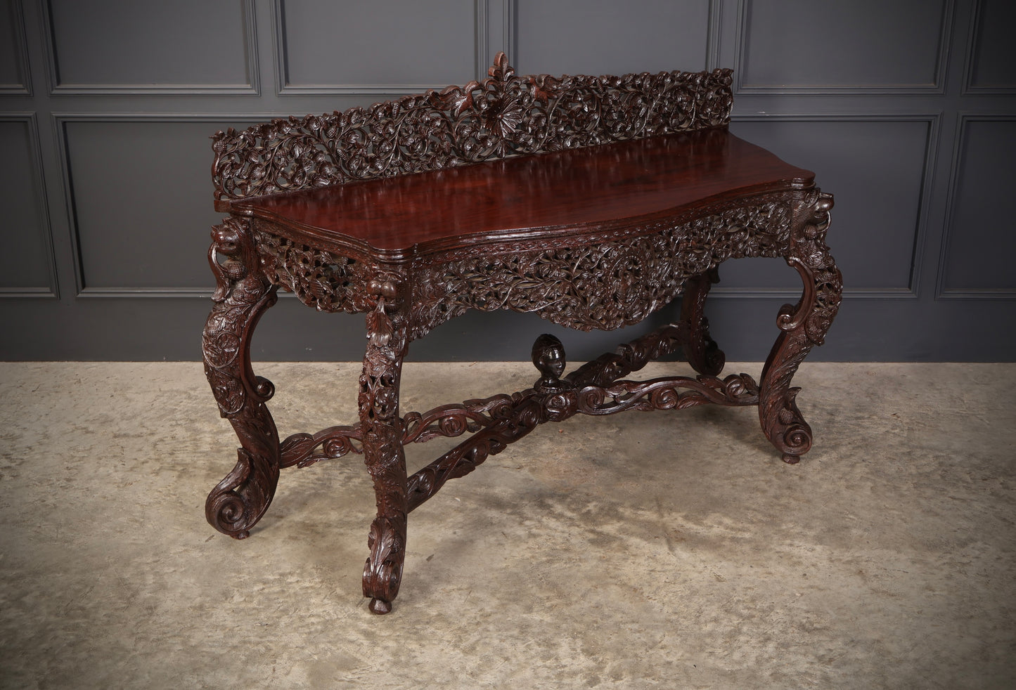 Burmese Carved Padauk Wood Console Table