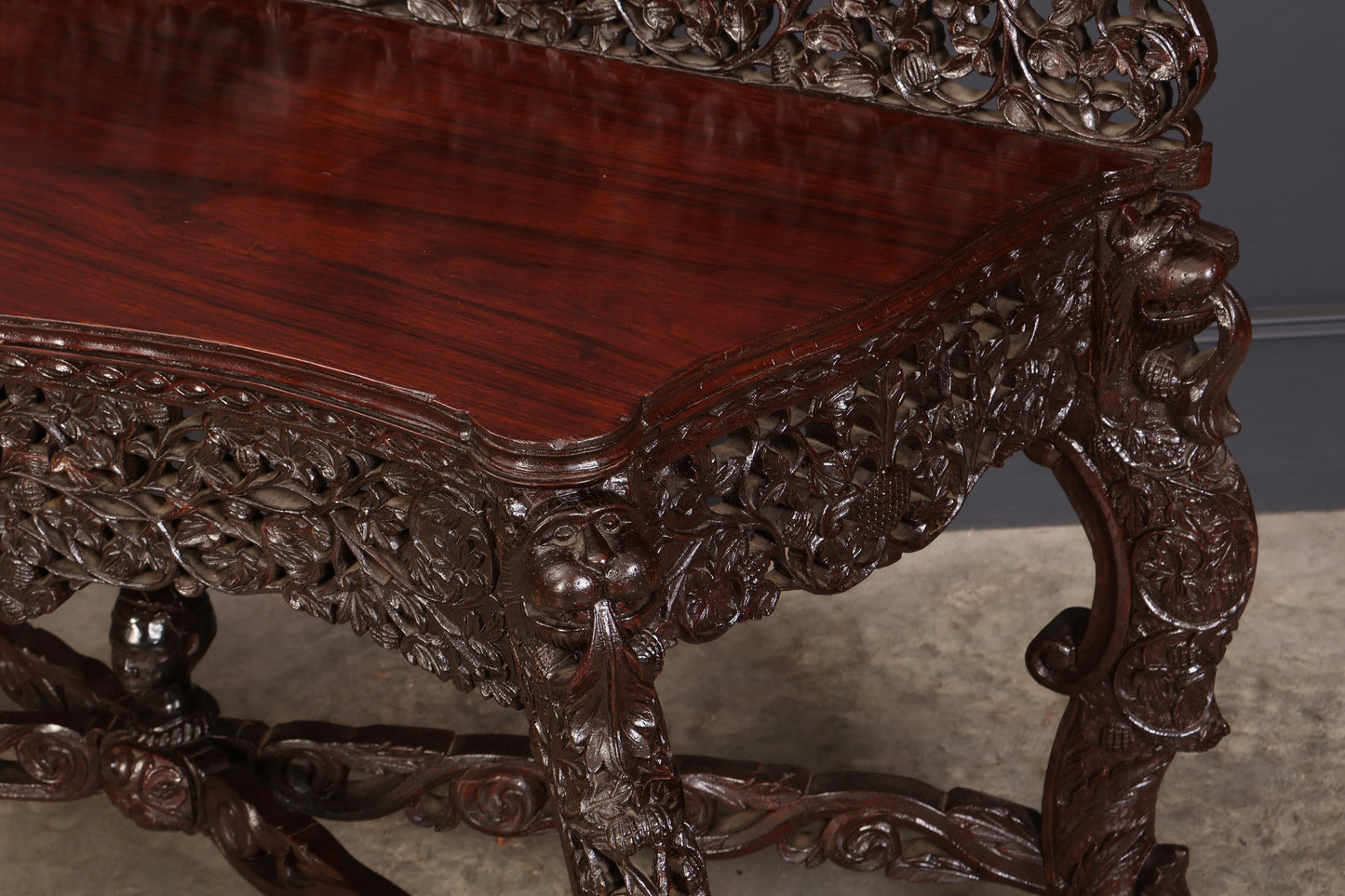 Burmese Carved Padauk Wood Console Table