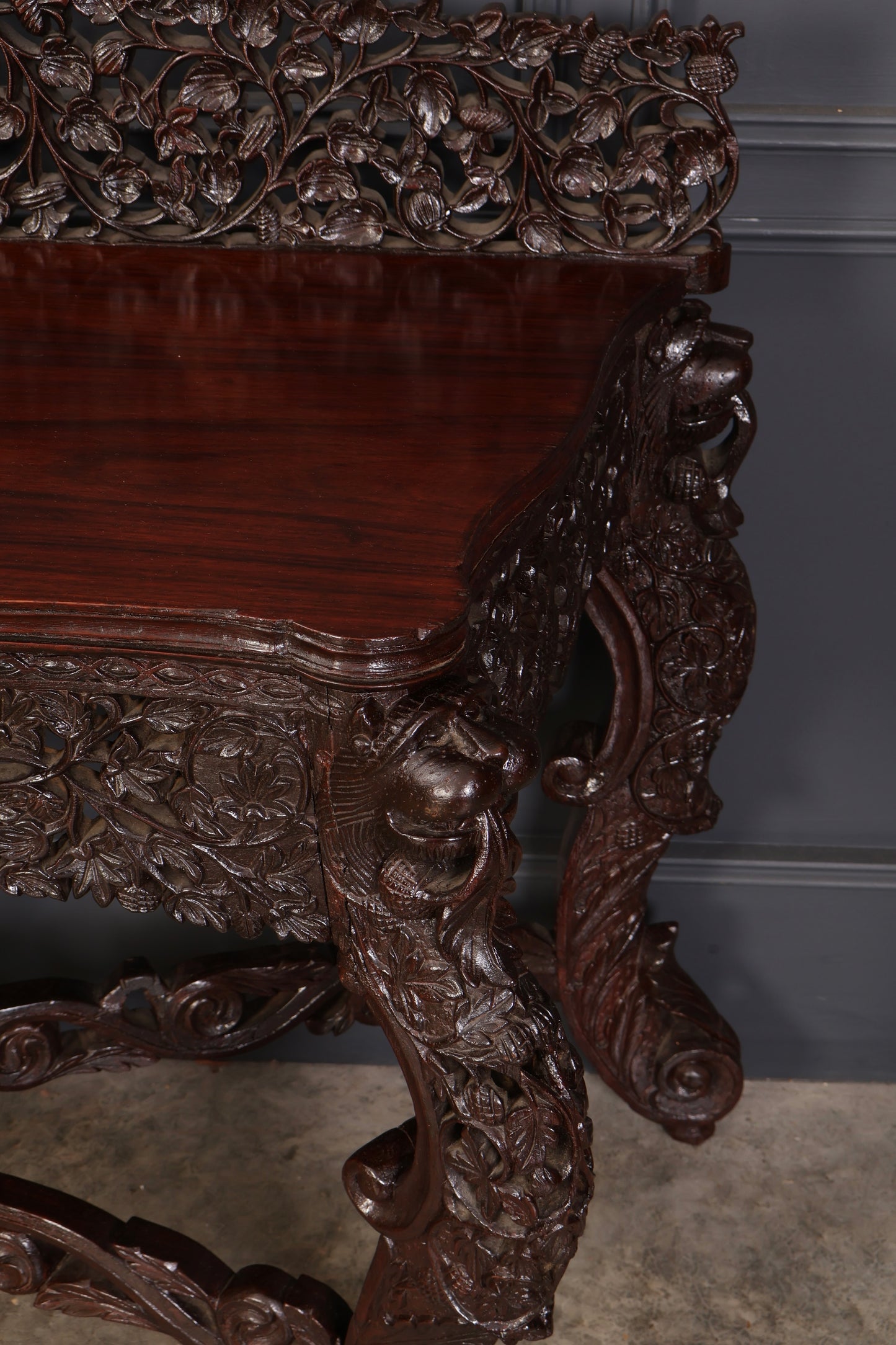 Burmese Carved Padauk Wood Console Table