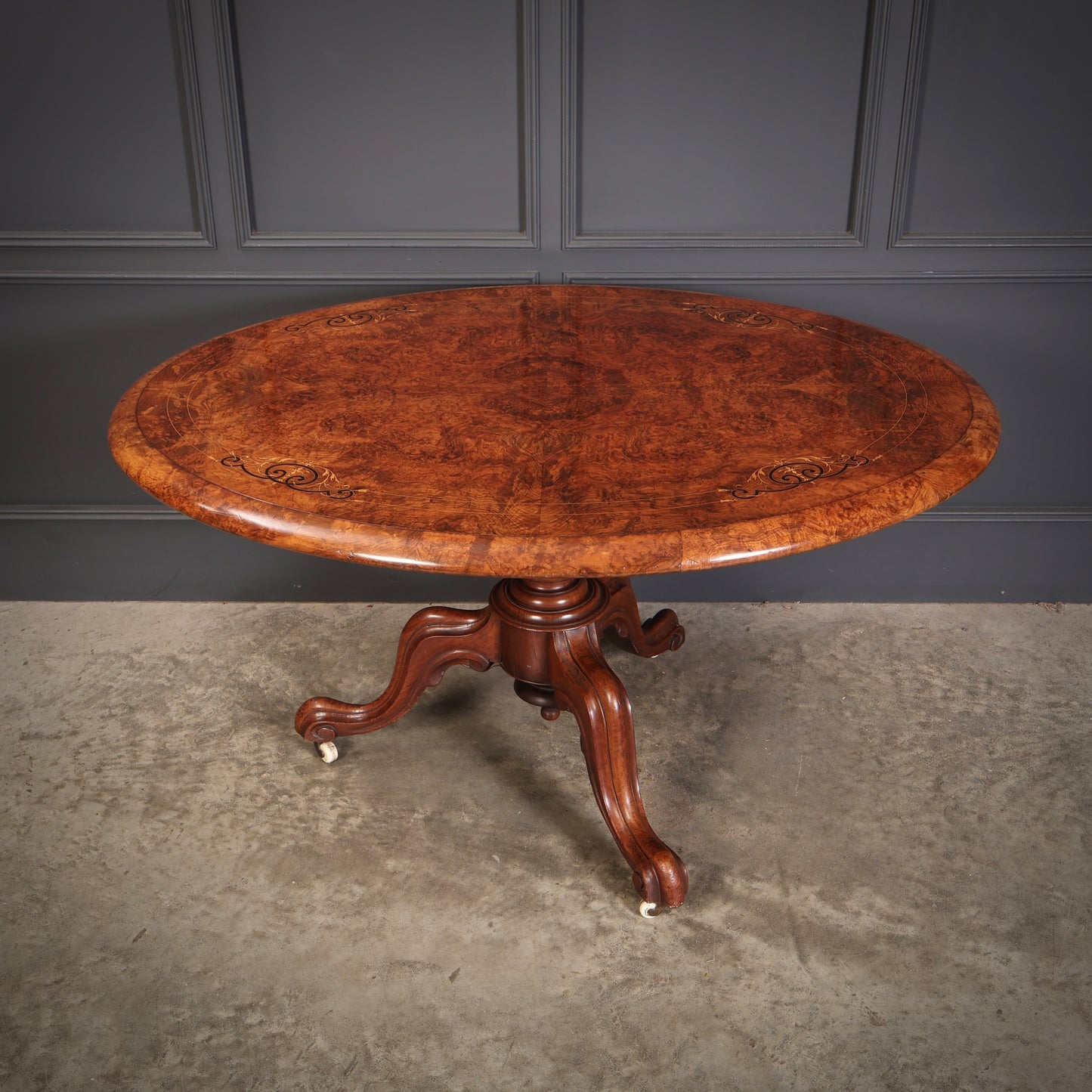 Burr Walnut Marquetry Inlaid Tilt Top Centre Table
