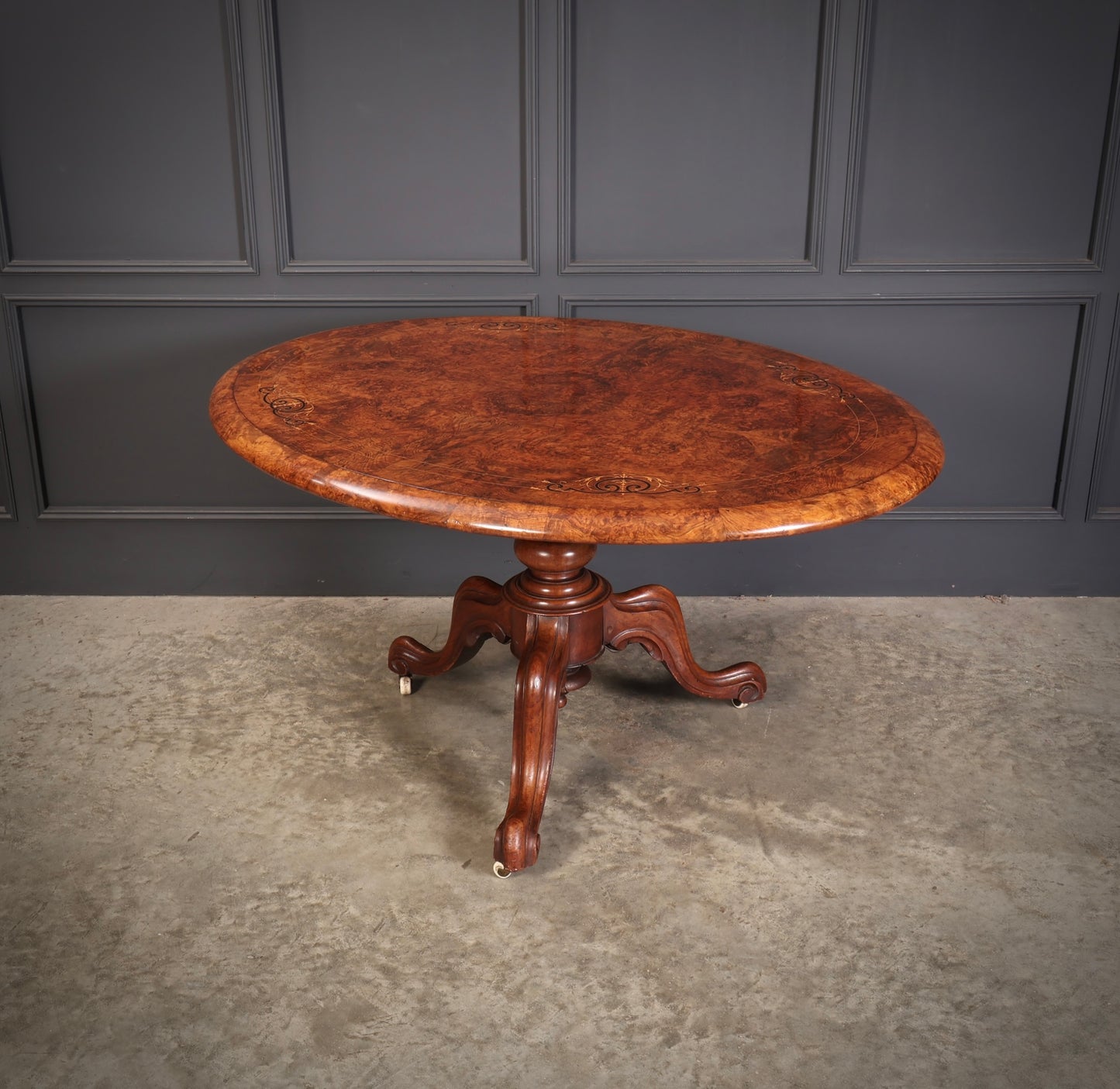 Burr Walnut Marquetry Inlaid Tilt Top Centre Table
